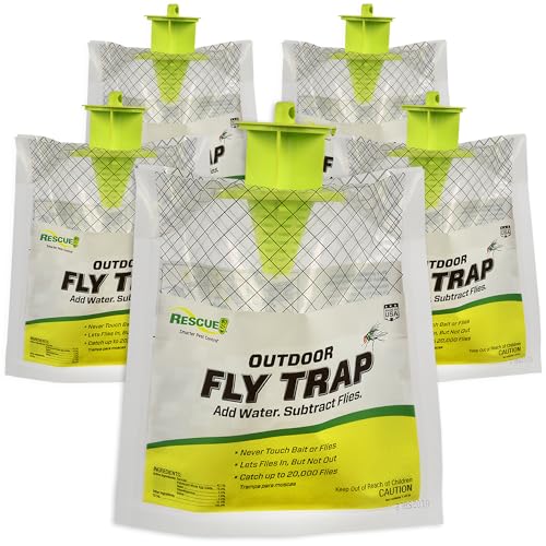 RESCUE! Outdoor Disposable Fly Trap – Hanging Fly Catcher with Attractant Bait, Fly Bag for Patio, Yard, Trash & Farm Areas – Easy-to-Use Outdoor Fly Control - 5 Traps