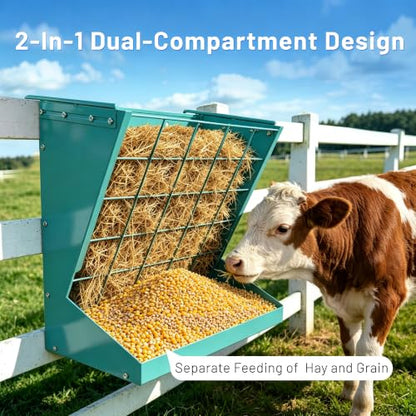 2 in 1 Wall Mount Hay and Grain Feeder, 25 Gallons Livestock Feeder | Galvanized Steel Wall Hay Rack, Hanging Hay Feeder with Mounting Kit for Goats Sheep Horse, Slow Feeder for Goats with Trough