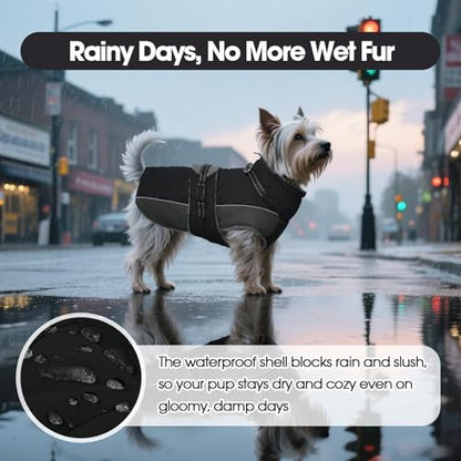 QBLEEV Warm Dog Jacket, Waterproof Dog Winter Coat with Harness - color: Black, size: Small