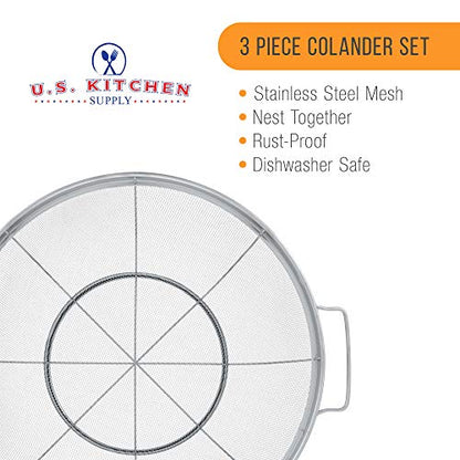 U.S. Kitchen Supply Set of 3 Stainless Steel Colander Strainers Net Baskets 5, 4, & 3-Quart - Colander with Handles & Resting Base - Stainless Steel Sieve, Mesh Strainers and Colanders for Kitchen