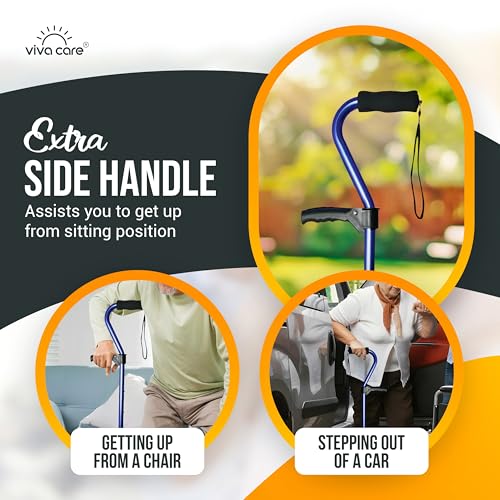 Walking Cane with 4 Prongs and Extra Side Handle – Adjustable, for Balance & Stability for Adults, Seniors, and Injured. - color: Blue