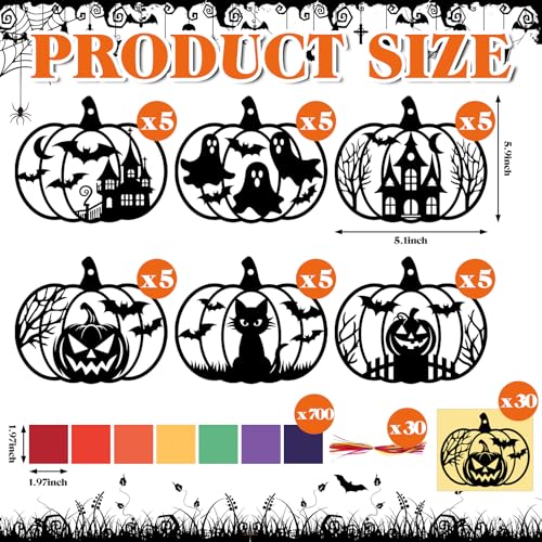 AmazingSpark 30 Pcs Halloween Pumpkin Suncatcher Craft Kit Tissue Paper DIY | 6 Spooky Designs Bat Ghost House, Stained Glass Effect for Classroom Party Activities, Bulk Art Projects, Hanging Included - style: Halloween