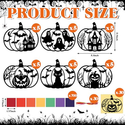 AmazingSpark 30 Pcs Halloween Pumpkin Suncatcher Craft Kit Tissue Paper DIY | 6 Spooky Designs Bat Ghost House, Stained Glass Effect for Classroom Party Activities, Bulk Art Projects, Hanging Included - style: Halloween