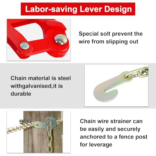 Barbed Wire Fence Stretcher, Steel 47.25" Chain Link Fence Strainer | Chain Link Puller Labor-Saving Lever Design Capacity 2200lbs - color: Red
