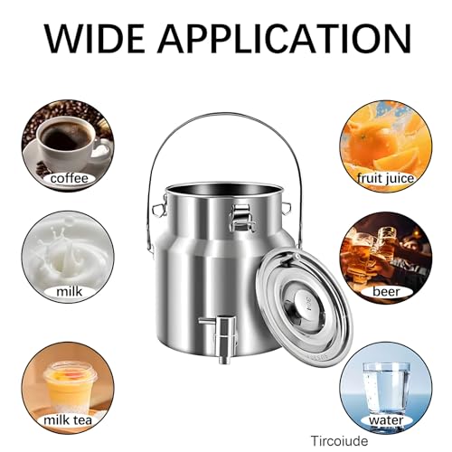 304 Stainless Steel Milk Can with Spigot 5L/1.3 Gal Milk Can Drink Dispenser with Sealed Lid & Handle, for Iced Tea, Water, Milk, Wine, Juice, Home Kitchen, Cafes, Restaurants - size: 169.1 Ounces