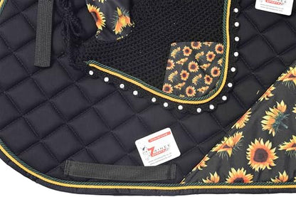 Sunflower Print Saddle Pad Set + Matching Ear Bonnet – Equestrian Riding Gear – Horse Show Accessories Dressage, Hunter/Jumper - size: COB