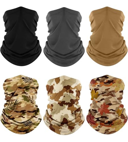 Fuinloth Neck Gaiter, 6 Pack Cooling UV Protection Bandana Face Mask Gator - color: Black+gray+sand+jungle Leaf+sand Camo+maple