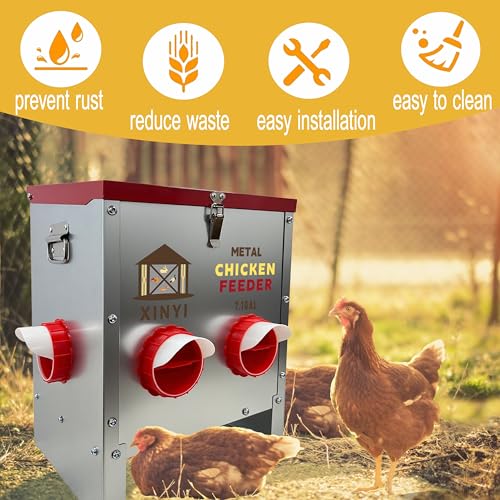 XINYI 7.1 Gallon Auto Chicken Feeder, 6 Ports Galvanized Chicken Feeder,Large Chicken Food Container No Waste & Rodent Proof Chicken Food Dispenser System, Weatherproof Duck Feeder - size: 6 ports without legs