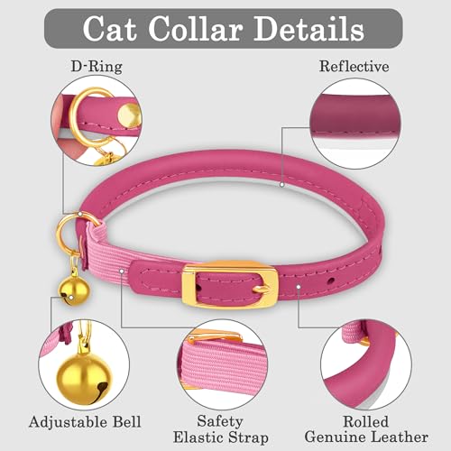 OOPSDOGGY Rolled Leather Cat Collar with Bell - Reflective Kitten Collar with Safety Elastic Strap - Adjustable Small Pet Collars for Boy Girl Cats (Fuchsia) - color: Fuchsia