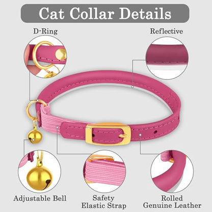 OOPSDOGGY Rolled Leather Cat Collar with Bell - Reflective Kitten Collar with Safety Elastic Strap - Adjustable Small Pet Collars for Boy Girl Cats (Fuchsia) - color: Fuchsia
