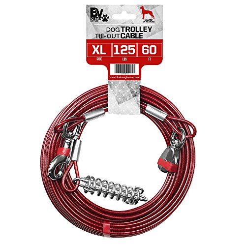 BV 60ft Aerial Pet Trolley System with 10ft Pulley Lead - Heavy Duty Dog Tie Out for Yard up to 125 lbs, Reflective Run Cable (Not a Leash, Bare End) - color: 125lbs/ 60ft/ Trolley, style: Single