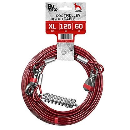BV 60ft Aerial Pet Trolley System with 10ft Pulley Lead - Heavy Duty Dog Tie Out for Yard up to 125 lbs, Reflective Run Cable (Not a Leash, Bare End) - color: 125lbs/ 60ft/ Trolley, style: Single