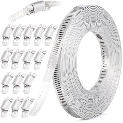 OURU 30FT Hose Clamps 304 Stainless Steel,DIY Metal Strap with 15 Fasteners - size: 30FT Metal Strapping+15 Fasteners
