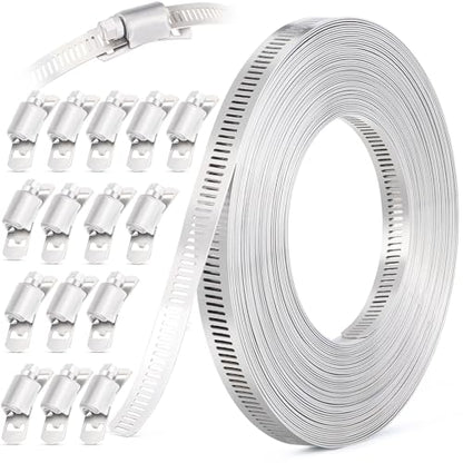 OURU 30FT Hose Clamps 304 Stainless Steel,DIY Metal Strap with 15 Fasteners - size: 30FT Metal Strapping+15 Fasteners