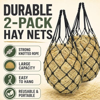 2PCS Slow Feed Hay Nets for Horses | Hanging hay feeders for stalls, trailers and travel; slow-feed design - color: Grey