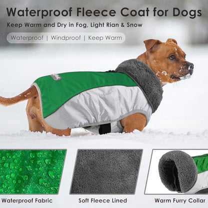 Petglad Dog Coat, Waterproof Ripstop Dog Winter Jacket with Leash Hole, Reflective Adjustable Warm Pet Fleece Snow Sweater for Small Medium Large Dogs - Green, 3XL - color: Green, size: 3XL