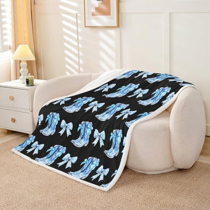 Erosebridal Blue Bow Fleece Blanket Cute Bows Sherpa Blanket 40"X60" Western Cowboy Boots Fuzzy Plush Throw for Kids Boyd Girls Teens Cowgirl Polka Bowknot Throw Blankets - color: Black Blue, size: 40"x50"