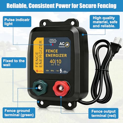 10 Mile Electric Fence Charger, Powerful 110V AC Plug-in 0.16J Output Electric Fence, Portable Solar Fence E-nergizer for Livestock & Garden Protection, for Raccoons, Badgers, Foxes, Rabbits