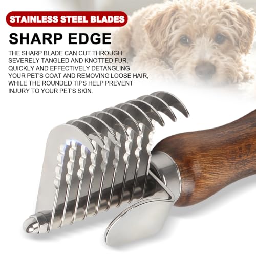 Dog Dematting Comb with Wooden Handle Undercoat Rake for Dogs