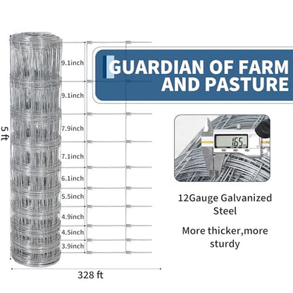 Garvee Livestock Fence, 5Ft x 328Ft Galvanized Wire Fencing, Cattle Farm Fence, Heavy Zinc Coated Deer Goat Cattle Fence for Farm Yard Livestock Protection