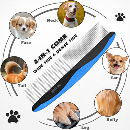 3PCS Pet Grooming Rake & Metal Comb & Flea Comb for Cats and Dogs, Double-Sided Dematting Tool, Extra-Wide Deshedding Dog Brush for Long Hair to Effectively Remove Tangles, Knots and Mats (Blue) - color: A-Blue