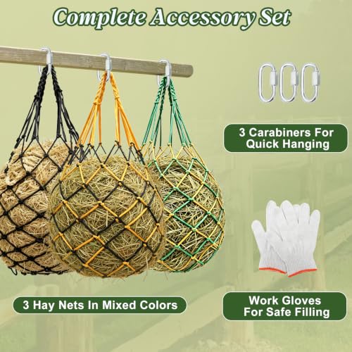 3 Pack Slow Feed Hay Nets for Horses, 25.6×23.6in Hanging Horse Hay Feeder Bags, 2.36×2.36in Mesh Polypropylene Hay Nets with Hooks & Gloves for Goat Sheep Livestock Stable Trailer Pasture