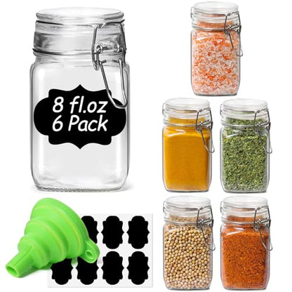 ComSaf Square Glass Spice Jars 8 oz 6 Pack with Labels and Funnel Set - size: 8oz*6