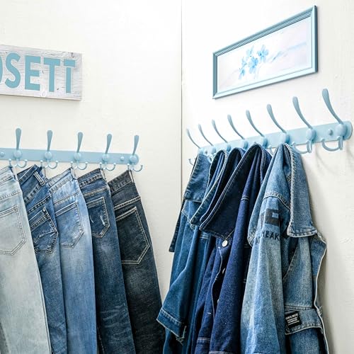 Dseap Coat Rack Wall Mount - 29.5” Long 8-Tri-Hooks Heavy Duty Coat Hanger Rail Wall Hooks for Hanging Coats Hats Clothing Clothes Purse Mudroom Entryway, Blue, Pack of 2 - color: Blue, size: L=29.5” (2 Pcs)