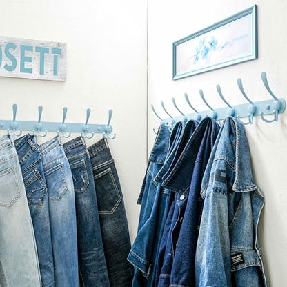 Dseap Coat Rack Wall Mount - 29.5” Long 8-Tri-Hooks Heavy Duty Coat Hanger Rail Wall Hooks for Hanging Coats Hats Clothing Clothes Purse Mudroom Entryway, Blue, Pack of 2 - color: Blue, size: L=29.5” (2 Pcs)