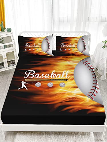 HOSIMA Teens Sports Baseball Bedding Full,1 Fitted Sheet+2 Pillowcases. - color: Black-a, size: Full 55"*75"