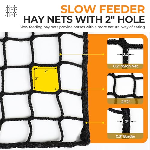 FRUITEAM 6 * 6 ft Round Bale Hay Net for Horses, Round Bale Feeder with 2 inch Hole, Hay Nets for Horses, Goats and Cattles, Knotless Design - Mouth-Safe for Horses with Repair Tool