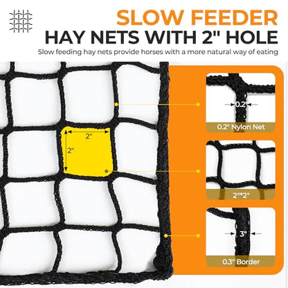 FRUITEAM 6 * 6 ft Round Bale Hay Net for Horses, Round Bale Feeder with 2 inch Hole, Hay Nets for Horses, Goats and Cattles, Knotless Design - Mouth-Safe for Horses with Repair Tool