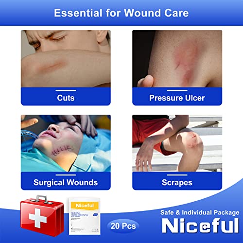 Niceful Silicone Foam Dressing Gentle Border 2"x2" 20 Count, Extra Hold | Gentle Border Foam Bandage, 5-Layer Absorption, Waterproof Pain-Free Removal, Cuts & Mild Burns, 20 Individually Wrapped - size: 2x2 Inch (20 Pcs)