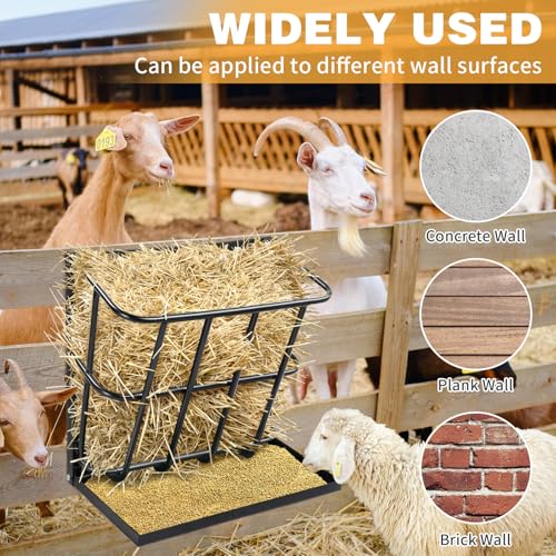 Large Capacity 2-in-1 Hay Feeder with Detachable Grain Tray, Heavy Duty Steel Wall-Mounted Rack for Goat, Sheep, Horse & Rabbit Livestock, Black