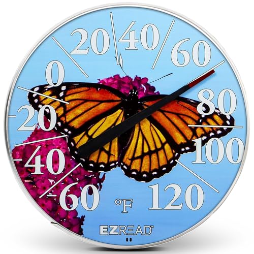 EZREAD Hanging Dial Thermometer 840-1235 Weather Thermometers for Indoor and Outdoor Use, Large 12.5 Inch Diameter, Easy to Read Numbers, Butterfly - color: Butterfly