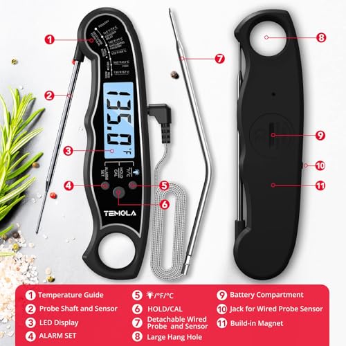 TEMOLA Meat Thermometer, Instant Read Food Thermometer for Cooking, Digital Food Thermometer with LCD Backlight for Candy Fry Grill BBQ Liquids, Kitchen Oven Safe Dual Probe 2 in 1 Thermometer | Digital Food LCD Backlight for Candy Fry Grill BBQ Liquids,
