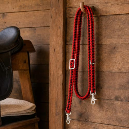 CHALLENGER Roping Knotted Horse Tack Western Barrel Reins Rein Nylon Braided 8 Ft. Black WH 60703 - color: Red/Black