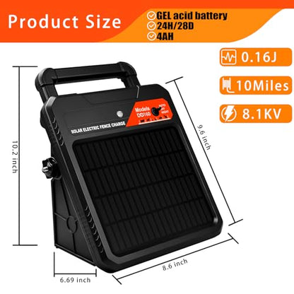 10 Mile Solar Electric Fence Charger, 0.16J Output with Auto/Night Mode, 8.1KV Max Voltage, Front Switch Design with Three Way to Install, Portable Solar Fence Energizer for Livestock & Garden - style: 10 Mile
