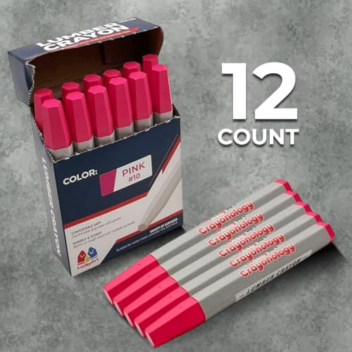 Lumber Crayons – Pink, Pack of 12 | Hexagonal Construction Marking Crayons for Wood, Concrete, Asphalt, Metal | Durable, Smudge-Free, Break-Resistant - color: Pink