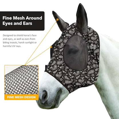 Harrison Howard Super Comfort Stretchy Fly Mask Large Eye Space with UV Protection Soft on Skin with Breathability Paisley Wave Cob (Medium) - color: Paisley Wave, size: Cob (Medium)