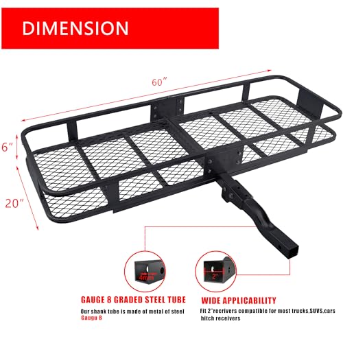 Fouwick 60"x 20"x 6" Folding Trailer Hitch Mount Cargo Carrier, 500LBS Capacity, Powder Coating Luggage Rack Basket Car Storage with Straps, Fits 2" Receiver - color: 60x20x6 inch