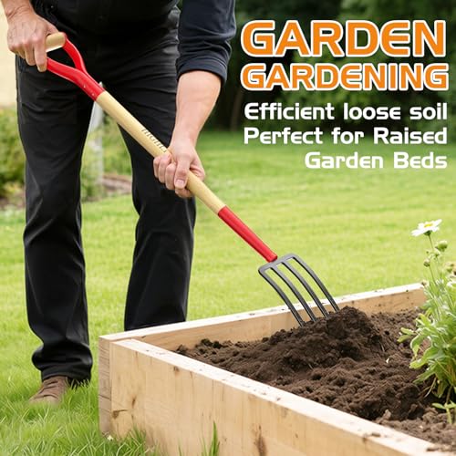 Pitch Fork Pitchfork,4-Tine 45Inch Wood Y-Grip Garden Spading Fork | Heavy duty steel fork,wide anti-clog tines,hardwood Y grip for clay soil, compost, mulch and vegetable gardening.