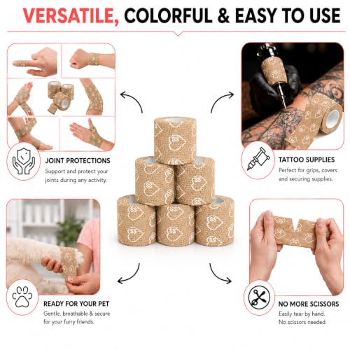 Latex Free Self Adhesive Bandage Wrap - 2 Inch x 5 Yards, 6 Pack - color: Beige, size: 6 Count (Pack of 1)