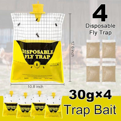 Outdoor Fly Traps for Patio - 4 Large Pre-Baited Flies Wasp Bags Disposable - size: 4 Pack