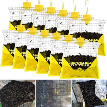 12 Pack Outdoor Fly Trap Bags Hanging - 12 * 30g Bait, Durable, Effective | Bug Hunter Catcher Killer Repellent for Stable Horse Barn & Farm | Disposable | Easy to use | Large Capacity - size: 12 Pack