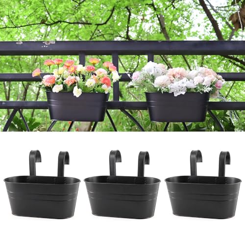 3 Pack Metal Railing Planters, 10.5" Oval Hanging Flower Pots with Detachable Hooks & Drainage Holes, Fits Rails up to 2.36", Galvanized Iron Fence Bucket for Balcony Garden Patio - Black - color: Black, size: 3 Pack, 10.5"L x 5.7"W x 4.7"H