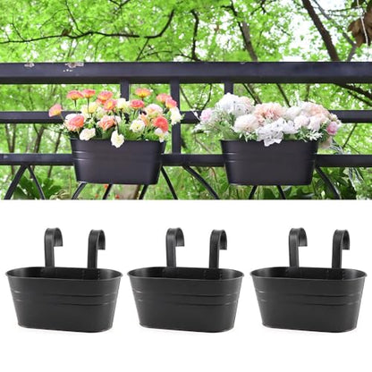 3 Pack Metal Railing Planters, 10.5" Oval Hanging Flower Pots with Detachable Hooks & Drainage Holes, Fits Rails up to 2.36", Galvanized Iron Fence Bucket for Balcony Garden Patio - Black - color: Black, size: 3 Pack, 10.5"L x 5.7"W x 4.7"H