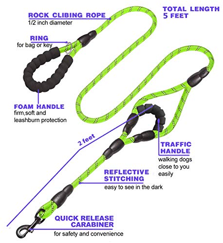 JSXD Heavy Duty Double Handle Dog Leash - 5 FT with Comfortable Padded and Reflective Rope for Small, Medium, Large Dogs (Rope-Green) - color: Rope-Green