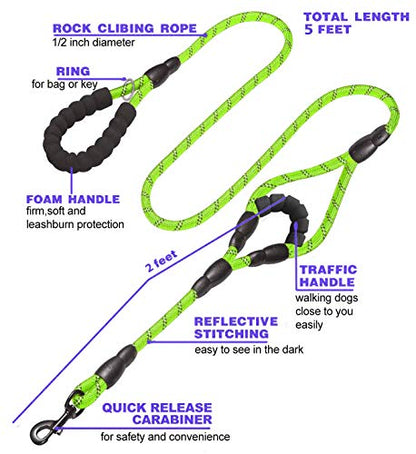 JSXD Heavy Duty Double Handle Dog Leash - 5 FT with Comfortable Padded and Reflective Rope for Small, Medium, Large Dogs (Rope-Green) - color: Rope-Green