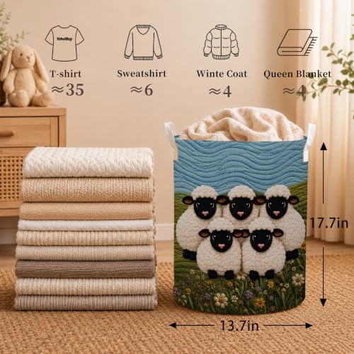 Wildflower Floral Sheep Laundry Basket, Farmhouse Farm Animal Lamb Laundry Hamper Waterproof Collapsible Clothes Storage Bin Organizer for Baby Room Bedroom Bathroom Farmhouse